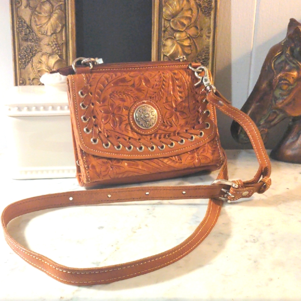 Western Style Crossbody Bag with Embossed Design and Long Strap